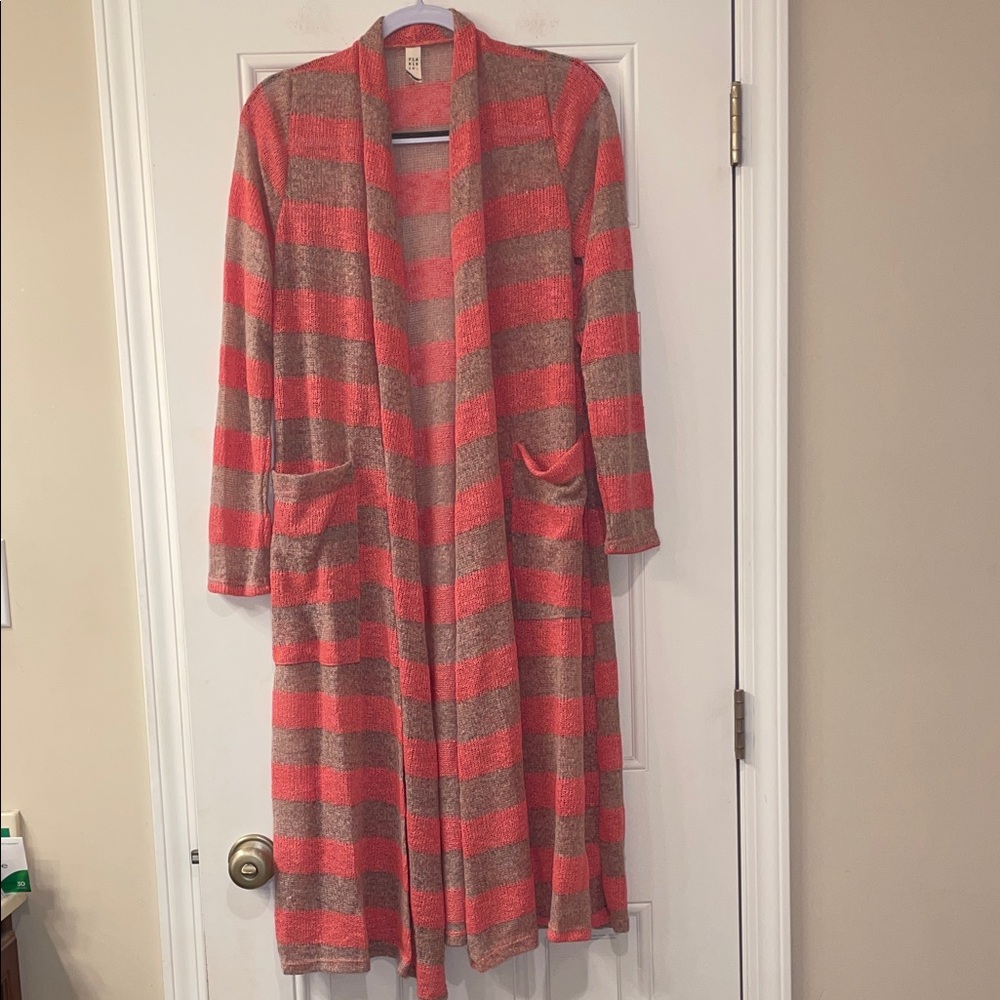NWT Striped Coral and Gray Duster Cardigan Sz S